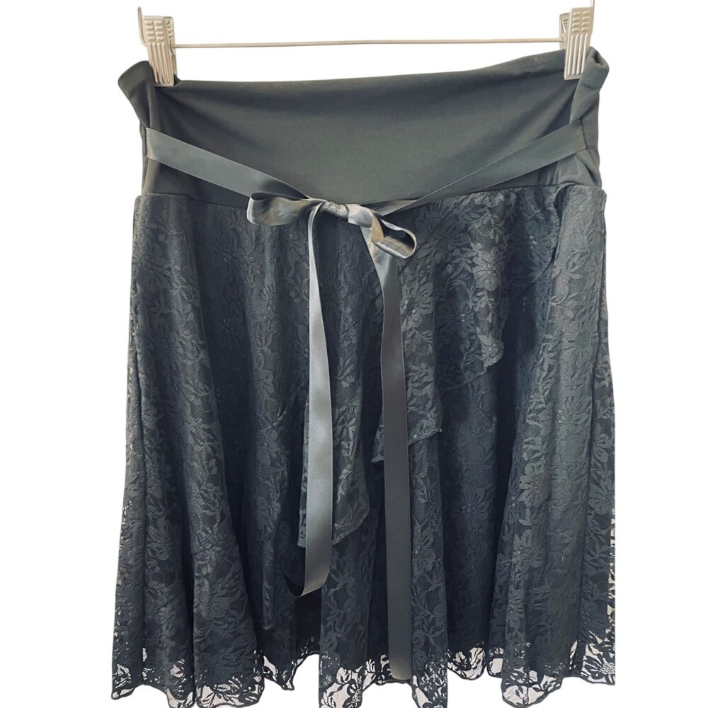 Black‎ A-Line lace  Skirt with Ruffled Tie Front large pull on